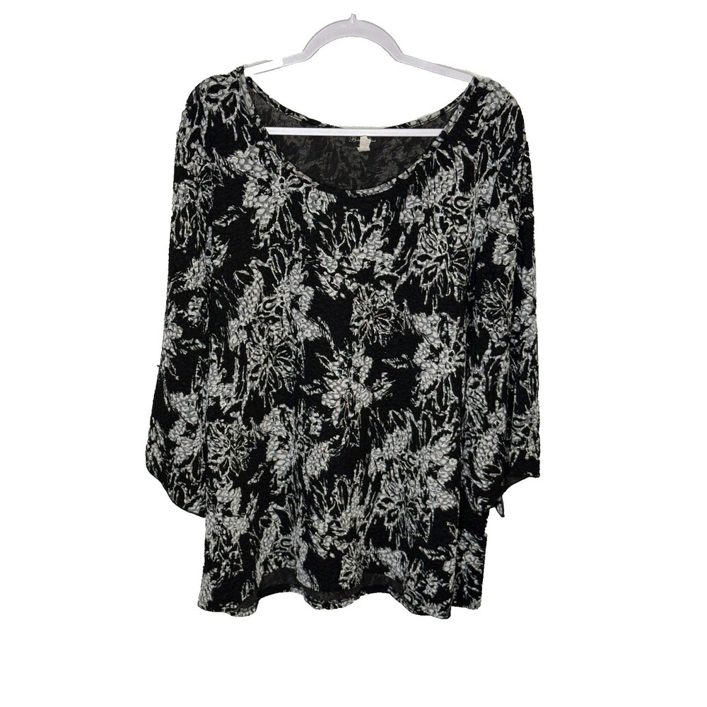 Brittany Black Women's 3X Black & White Floral Scoop Neck 3/4 Sleeve Blouse Top